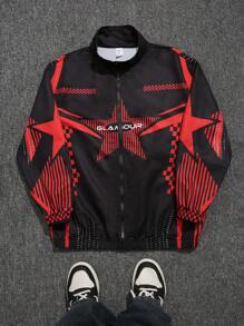 SHEIN Chaqueta roja y negra con estampado de estrella, adecuada para adolescentes varones. Apropiada para otoño e invierno y proporciona calidez para el colegio, el hogar, el uso diario, deportes, fiestas de cumpleaños y salidas. Esta pieza básica y versátil es simple pero a la vez cortavientos, encarnando la moda callejera.