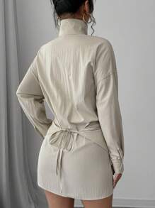 Elenzga Women's Plain Stand Collar Long Sleeve Button Front Casual Work Shirt, Design Detail, Spring Autumn Daily Wear Peplum Top Fall Cloth For Women - Khaki - View 2