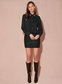 Enchnt Blus Wanita Kasual Elegan dengan Hiasan Ruffle dan Rhinestone, Musim Gugur - Hitam - View 6