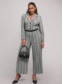 SHEIN Clasi Bộ đồ liền thân dài rộng rãi họa tiết kẻ caro cỡ lớn có túi cho nữ, trang phục công sở tối giản, mùa thu - Nhiều màu - Xem 3