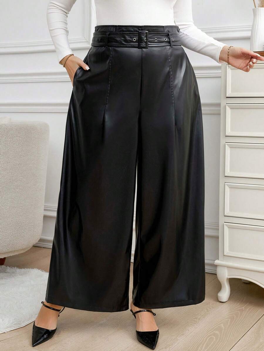 SHEIN Clasi Plus Size Fashionable Elegant Slant Pockets Loose Wide Leg Pants - Black - View 1