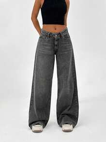 SHEIN Cottnline LOW RISE WIDELEG FIT DARK GREY Y2K STYLE JEAN - Dark Grey - View 4