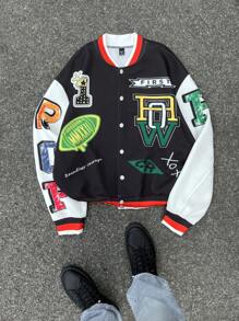 Manfinity Unisex Chaqueta informal de punto con patrón impreso y hombros caídos para hombre, adecuada para salir en otoño. Chaqueta de manga larga con bloques de color gráfica, para regalos a amigos, esposo o novio