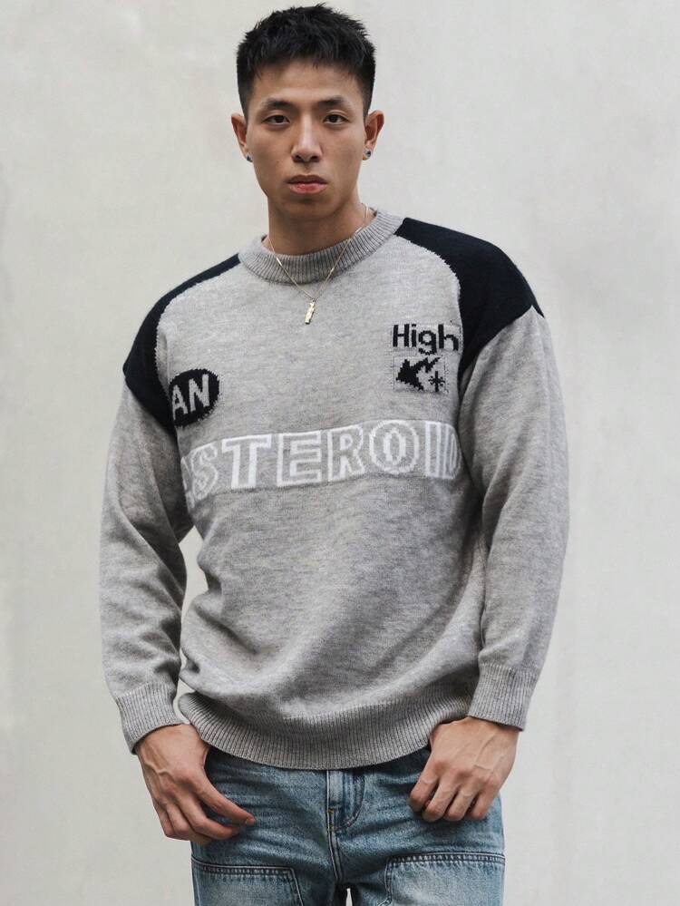 Men's Casual Contrast Color Patchwork Letter Print Sweater, Autumn