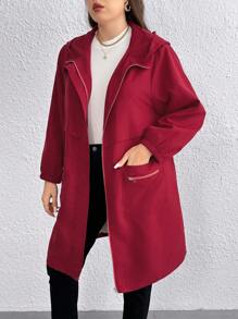 SHEIN LUNE Women's Fashionable, Elegant, Hooded, Pocketed, Zipper Decorated, Versatile, Thick Autumn/Winter Plus Size Jacket, Suitable For Halloween, Christmas, New Year, Valentine's Day, Thanksgiving, Parties And Galas - Burgundy - View 4