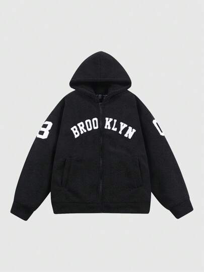 Prep Veste à capuche en peluche de laine polaire à lettres brodées décontractée pour homme, convient pour l'automne et l'hiver