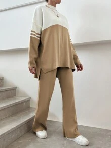 EURMUSE 女款撞色立領寬鬆上衣褲套裝 - 彩色 - 查看 4