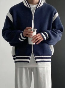 DAZY Men's Autumn Contrast Color Stripe Print Baseball Collar Zip-Up Long Sleeve Cardigan Jacket - Blue and White - View 3