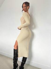 Chiquease Vestido suéter feminino ombro de fora cor sólida manga comprida slim fit elegante, outono - Caqui - Ver 2