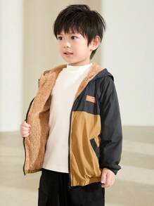 SHEIN Leap Crew Young Boy Two Tone Teddy Lined Hooded Jacket - Black - View 7