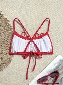 Swim Mod 1pc Women 3D Floral Applique Spaghetti Strap Bikini Top Summer - Red - View 3