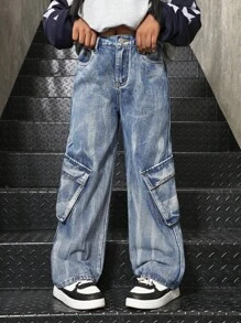 Tween Girl Casual Y2K Personality Slant Pocket Utility Washed Tie-Dye Loose Straight Leg Cargo Jeans, Streetwear Style