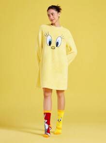 LOONEY TUNES X SHEIN 2 pares de calcetines de mujer de media pantorrilla con diseño asimétrico de bloques de color y estampado de dibujos animados
