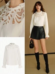 MOTF STUDIO FRILL MOCK NECK EMBROIDERY LASER CUT FLARE SLEEVE BLOUSE