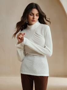 Anewsta 女式纯色高领长袖休闲上衣，秋季 - 白色 - 查看 6