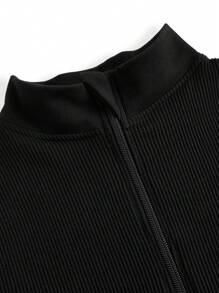 Easithlete Solid Color Stand Collar Jumpsuit/Seamless/Waist Cinched/Zipper - Black - View 5
