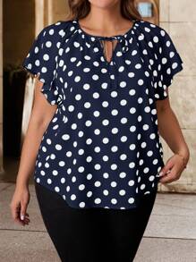 SHEIN Clasi Große Größen, Sommer Lässig Elegant Knotkragen Polka Punkt Muster Volantärmel Bluse