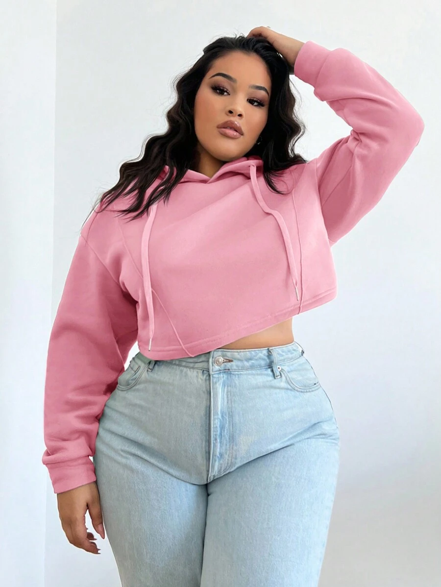 SHEIN SXY Áo nỉ trùm đầu ngắn ấm cỡ lớn mùa thu cho nữ - Hồng - Xem 1