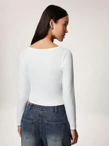Forever 21 Blue Round Neck Button-Up Long Sleeve Top - White - View 2