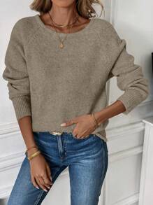 SHEIN LUNE 1pc Women Solid Color Round Neck Raglan Sleeve Casual Knit Sweater, Autumn/Winter