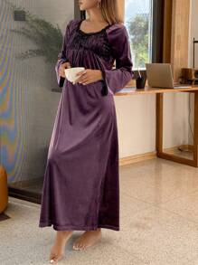 DAZY Velvet & Lace Patchwork Nightgown, Winter Pajama - Purple - View 1