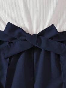 2 件套青少年女孩优雅休闲办公装针织背心和短裤（配腰带） - 藏蓝色 - 查看 4