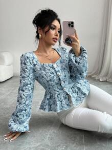 Selianne Women Elegant Jacquard Sweetheart Neck Lantern Sleeve Peplum Top, Spring/Autumn Peplum Top Fall Cloth For Women