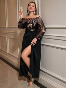 Gownix Elegantes Kleid in großen Größen mit Pailletten und Mesh-Einsätzen an der Schulter, für den Herbst