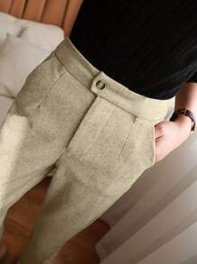 Women Casual Commuter Simple Solid Color Tapered Pants - Apricot - View 1