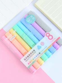 1 Packung / 8 Stück Makaron-farbige fluoreszierende Textmarker mit abgewinkelter Spitze und Augenschutzeffekt, farbige Markerstifte, Studenten Schreibwaren, Schulmaterial, essentiell für Journaling, Schulanfang, Schultext-Marker, Federmäppchen - Verschiedenfarbig - Übersicht 1