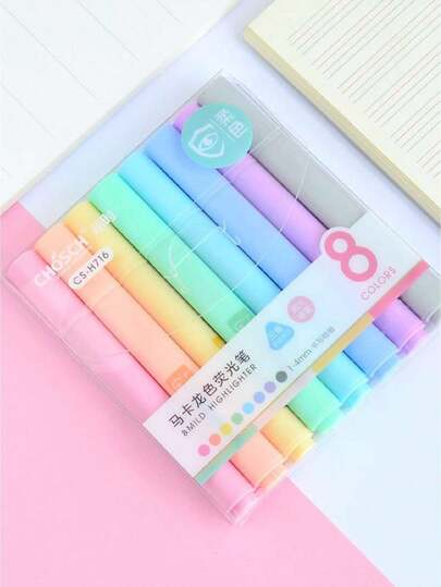 1 caja/8 piezas Marcador fluorescente con punta biselada y efecto protector para los ojos, en colores macaron, marcador de colores, útiles escolares, esencial para hacer un diario, de vuelta a la escuela, resaltador escolar, estuche de lápices