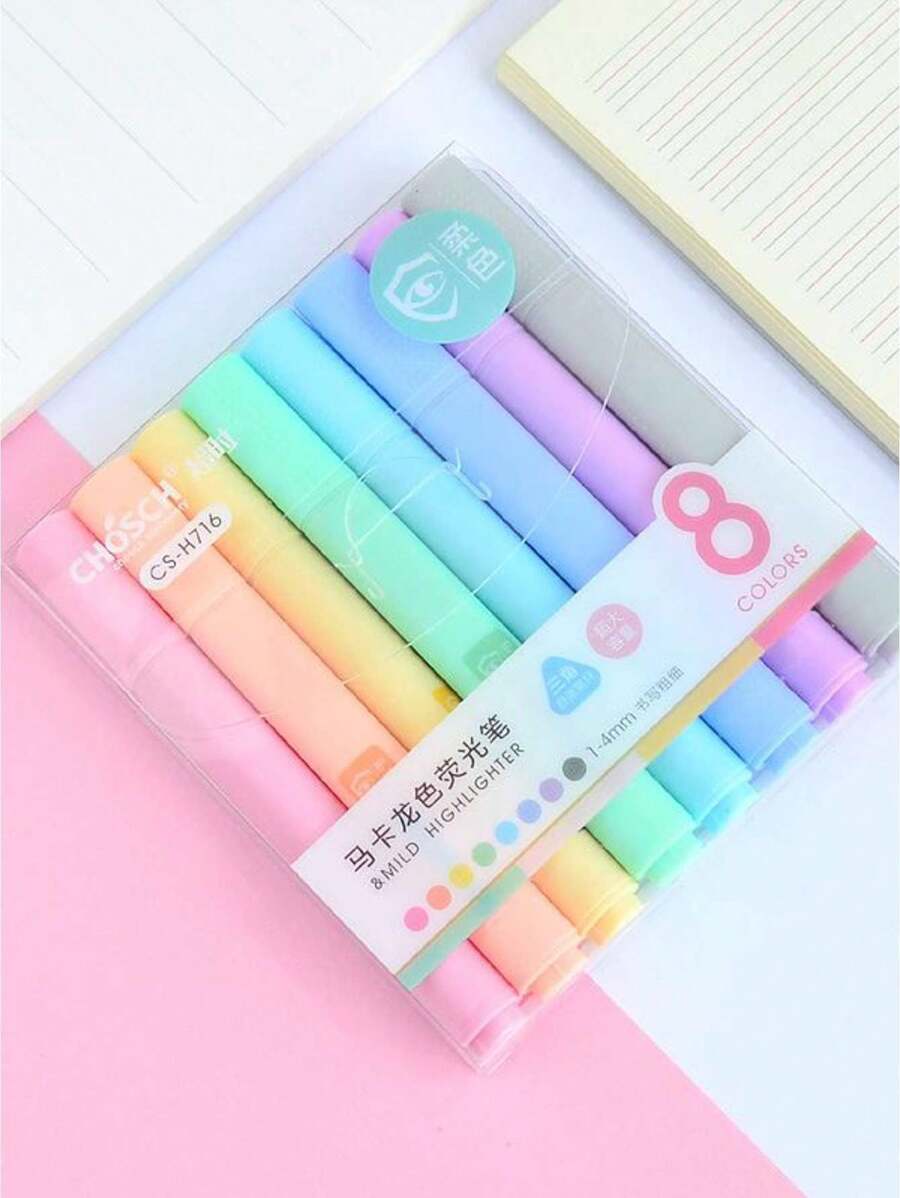 1 Packung / 8 Stück Makaron-farbige fluoreszierende Textmarker mit abgewinkelter Spitze und Augenschutzeffekt, farbige Markerstifte, Studenten Schreibwaren, Schulmaterial, essentiell für Journaling, Schulanfang, Schultext-Marker, Federmäppchen - Verschiedenfarbig - Übersicht 1