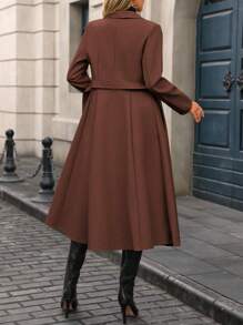 SHEIN Clasi 1 件女式纯色前系带长袖休闲风衣夹克，日常穿着 - 棕色 - 查看 2