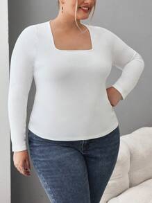 SHEIN CURVE+ 大码女式两件套方领紧身长袖休闲T恤套装，秋冬季女装，百搭基本款 - 黑與白 - 查看 5