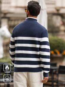 Manfinity CityGents Suéter casual de manga larga con cuello alto de media cremallera, estampado de bloques de color y rayas, para salir, para el esposo