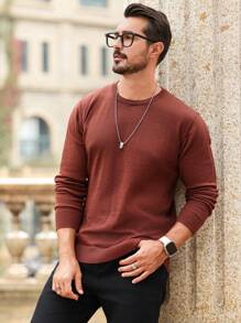 Manfinity Homme Áo len cổ tròn màu trơn thường ngày cho nam, Thu/Đông - Rỉ Nâu - Xem 6