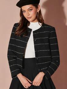 Enchnt Women's Striped Print Elegant Commuter Long Sleeve Jacket