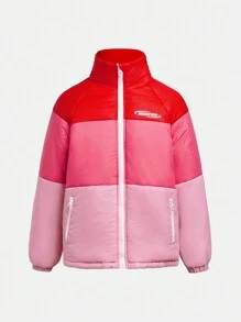SHEIN Áo khoác nhẹ có lớp lót, màu hồng gradient với chữ in logo trường, phong cách thể thao thường ngày, dành cho bé gái tuổi teen. - Hồng - Xem 7