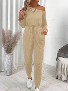 SHEIN LUNE 1 pièce Combinaison décontractée à manches longues de couleur unie avec col asymétrique et poche
