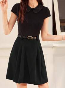 Vintamour 复古优雅卡其色 A 字裙，带编织褶皱和腰带，非常适合春夏季度假/工作返校服装秋装校服裙子套装老钱美学衬衫办公室服装女士套装 - 黑色 - 查看 5