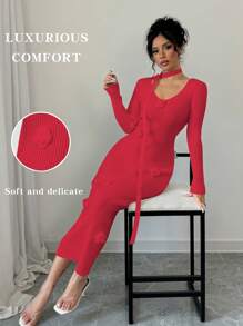 Chiquease 优雅女士花卉装饰长袖针织连衣裙秋冬季新年服装