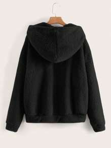 SHEIN LUNE Giacca con cappuccio in pile tinta unita di taglia comoda per donna, casual per autunno/inverno