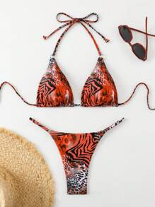 SHEIN Swim 女士性感随机三角领带比基尼套装带斑马图案夏季