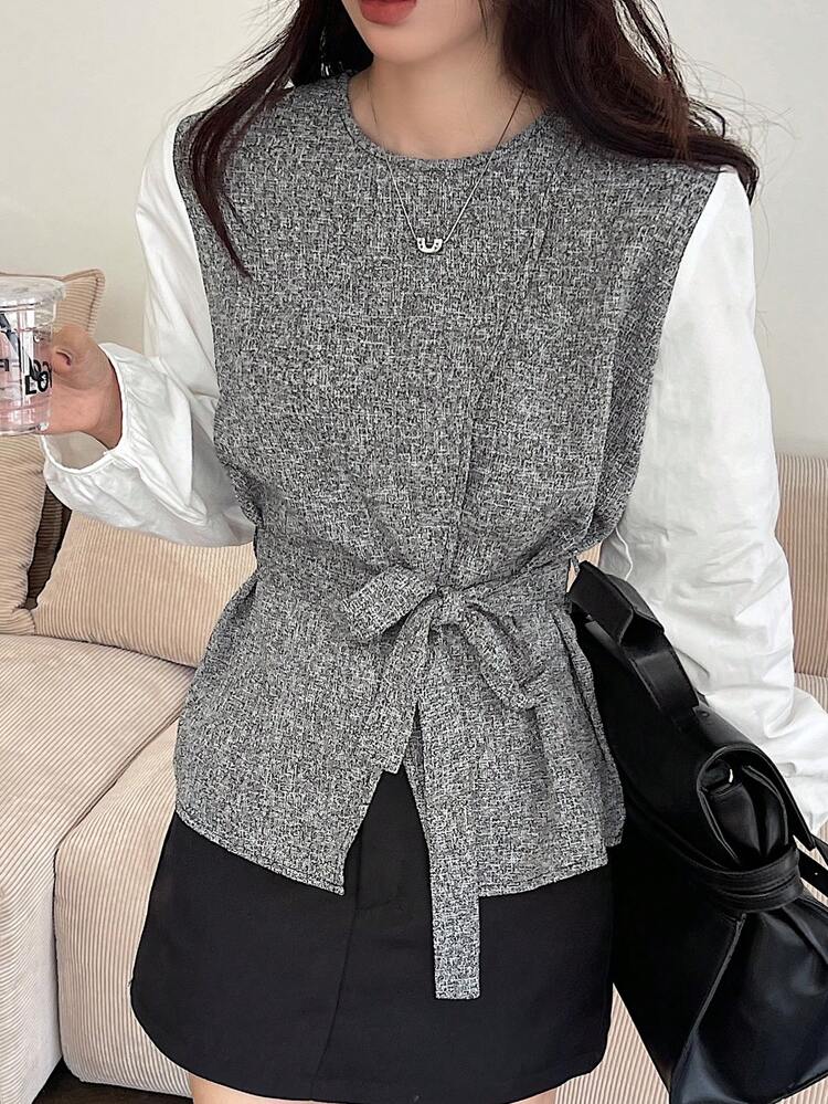 Women's Color Block Round Neck Belted Shirt,Long Sleeve Tops,Fall Clothes