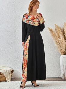 SHEIN Clasi 大码女式度假风格建筑印花褶皱船领松紧腰连衣裙，春秋季长款女装 - 彩色 - 查看 4