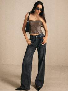 Poéselle Women's Faux Leather Bustier Top,A Vintage-Inspired, 90s-Revival Cropped Corset-Style Top With Back Zipper, Perfect For Autumn Parties, Halloween, And Versatile Fall Fashion, Blending Retro Charm With Modern Edge In A Rich Hue.