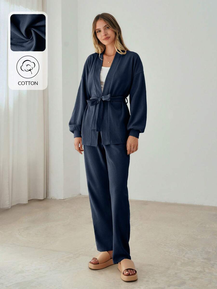 SHEIN Cottnline Cotton Drop Shoulder Belted Coat & Pants - Navy Blue - View 1