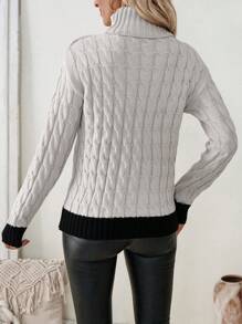 Calvaya Suéter de cuello alto casual y versátil de manga larga con patrón de giro y bloques de color, tejido de punto para otoño e invierno - Gris - Ver 2