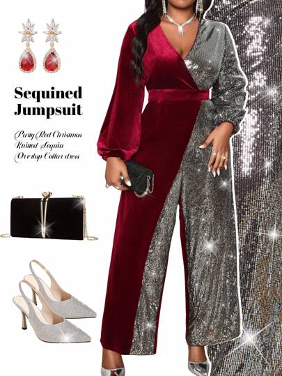 SHEIN Lady Mono de manga larga con cuello superpuesto de obispo, contraste de lentejuelas, elegante para fiestas, rojo, de punto y talla grande, apto para primavera, verano y otoño e invierno