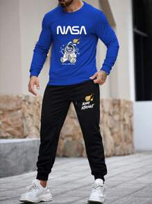 Manfinity Homme 2pcs Men Autumn Letter & Cartoon Print Crew Neck Long Sleeve Sweatshirt And Sweatpants, Casual Set - Blue - View 1